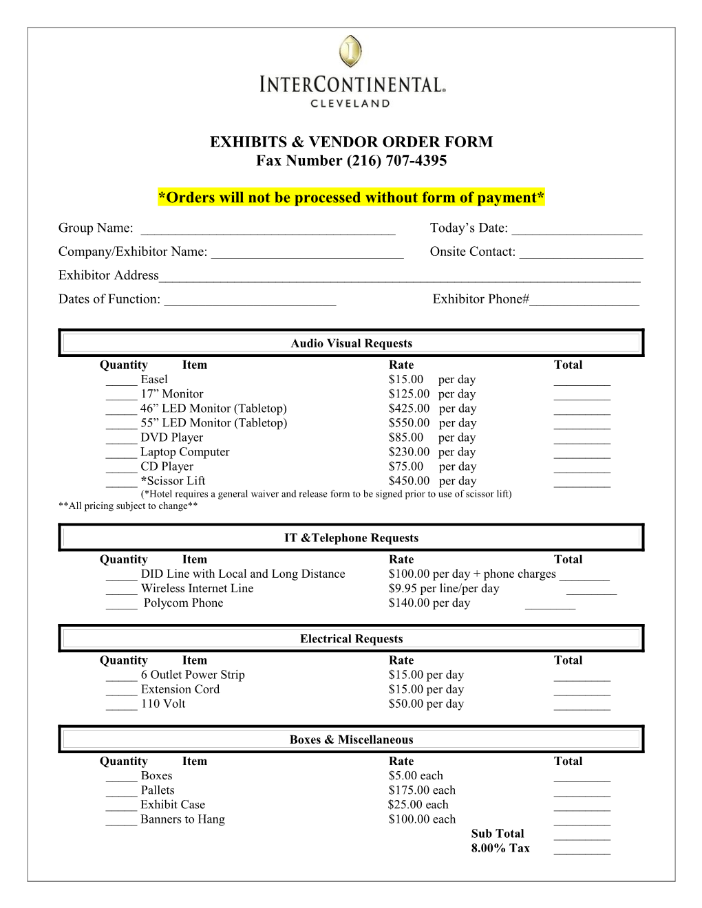 Exhibits Order Form