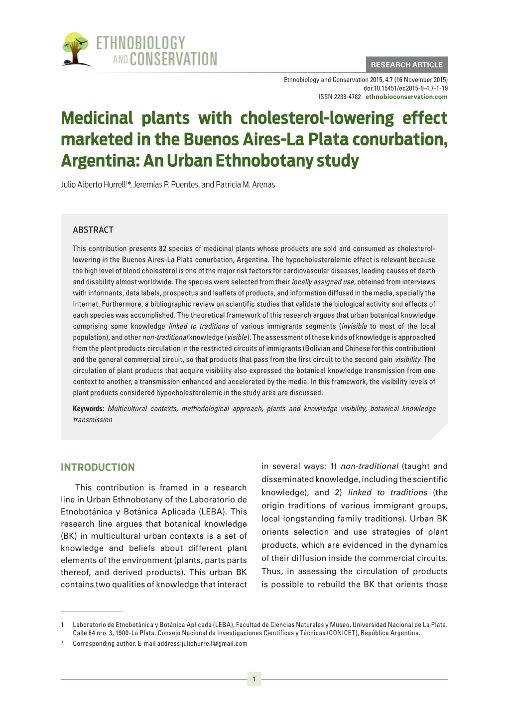 Medicinal Plants with Cholesterol-Lowering Effect Marketed in the Buenos Aires-La Plata Conurbation, Argentina: an Urban Ethnobotany Study