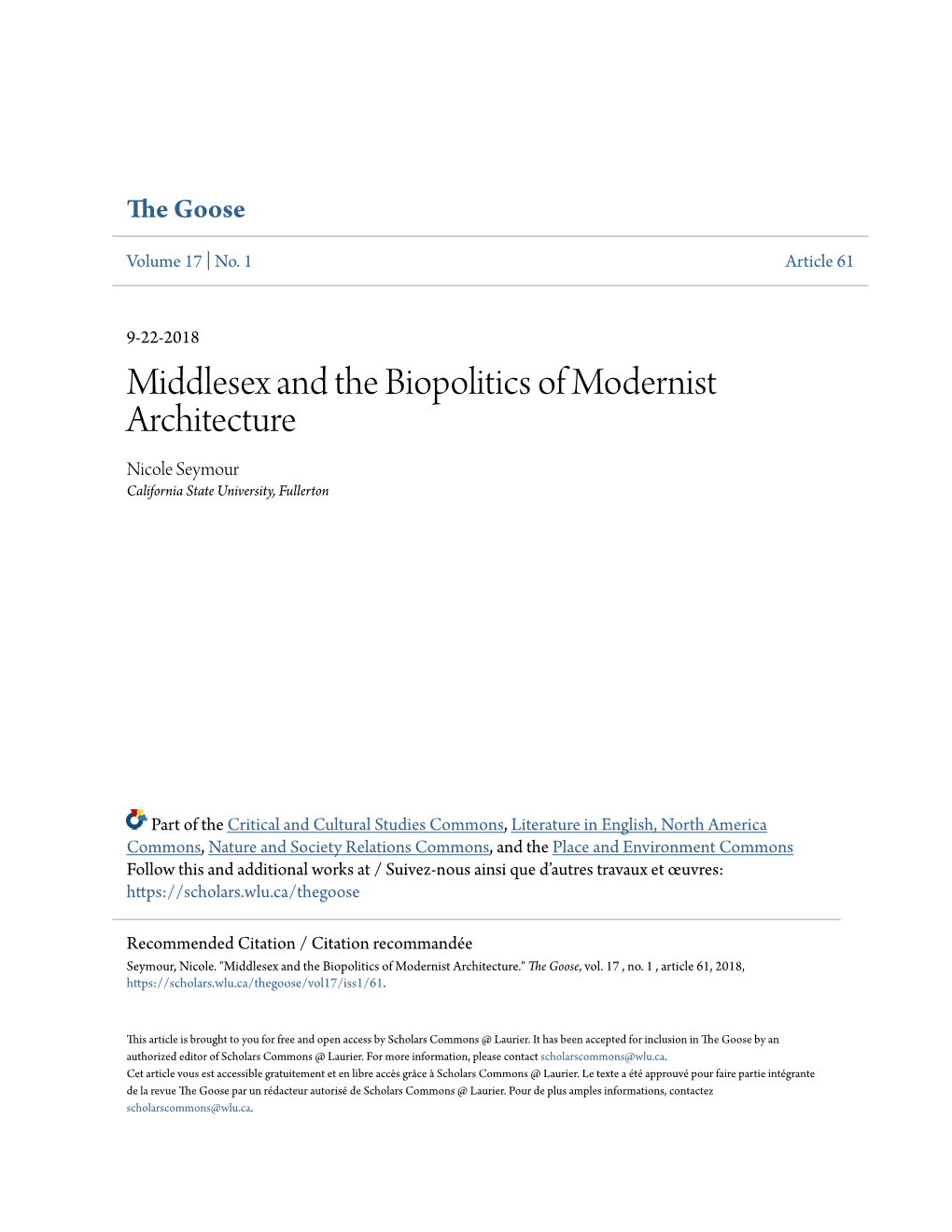 Middlesex and the Biopolitics of Modernist Architecture Nicole Seymour California State University, Fullerton