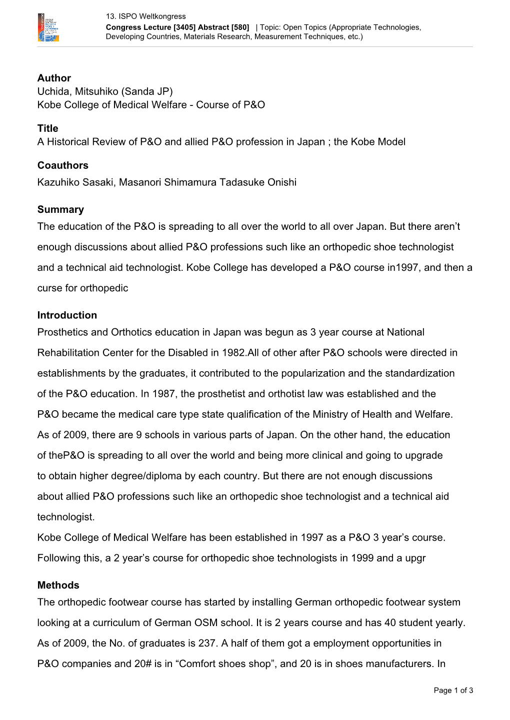 (Sanda JP) Kobe College of Medical Welfare - Course of P&O