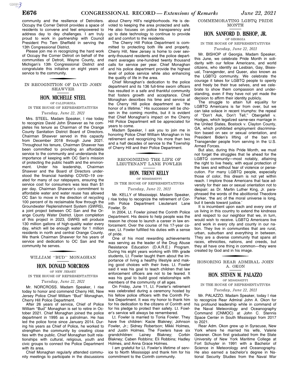 Extensions of Remarks E676 HON. MICHELLE STEEL HON. DONALD NORCROSS HON. TRENT KELLY HON. SANFORD D