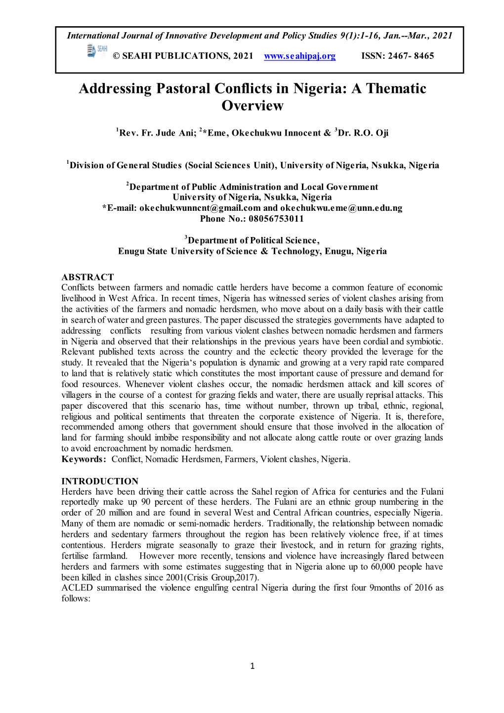 Addressing Pastoral Conflicts in Nigeria: a Thematic Overview