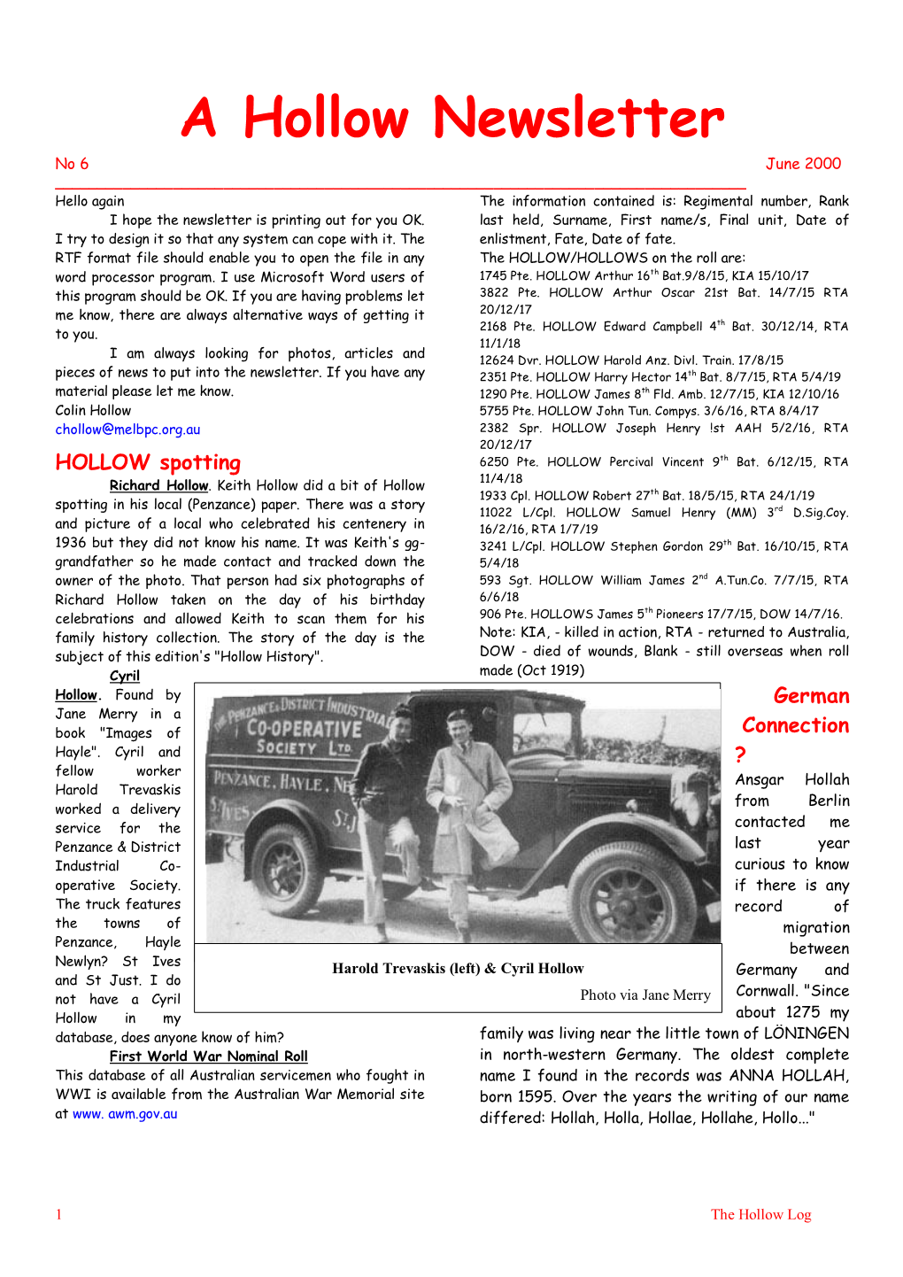 A Hollow Newsletter, Issue 6, June 2000