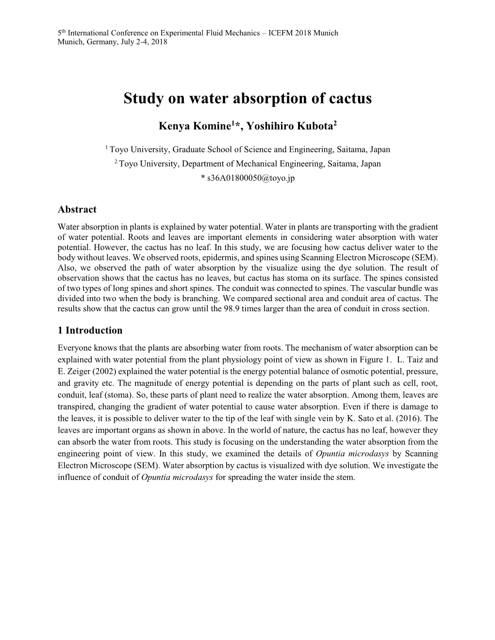 Study on Water Absorption of Cactus