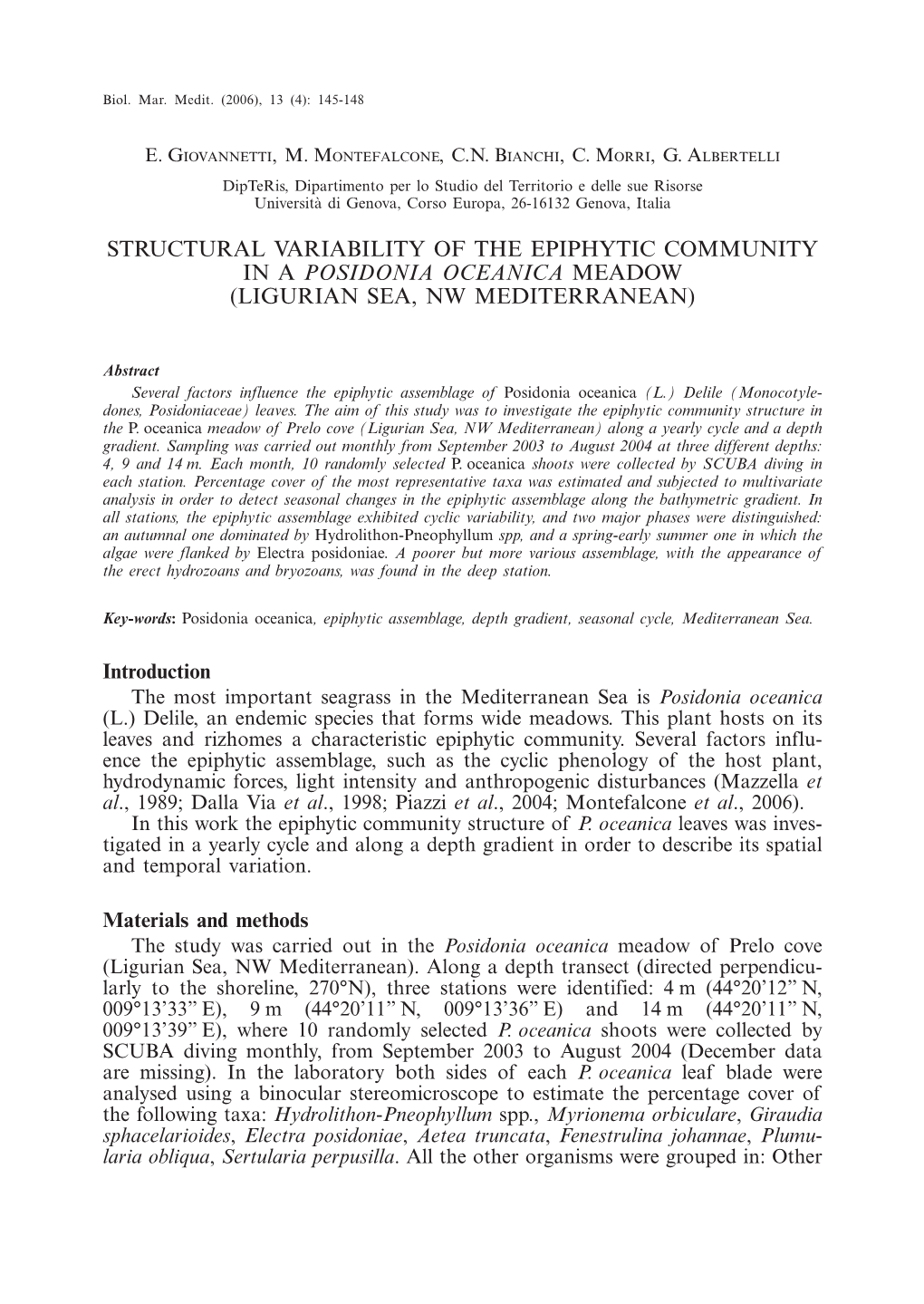 Structural Variability of the Epiphytic Community in a Posidonia Oceanica Meadow (Ligurian Sea, NW Mediterranean)