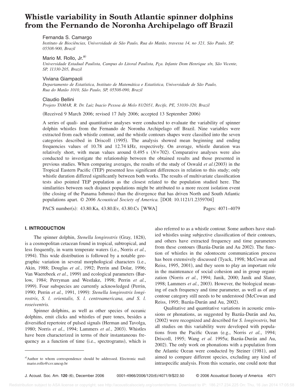 Whistle Variability in South Atlantic Spinner Dolphins from the Fernando De Noronha Archipelago Off Brazil