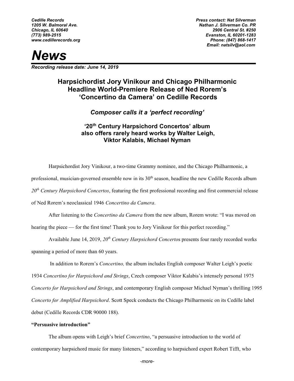 Harpsichordist Jory Vinikour and Chicago Philharmonic Headline World-Premiere Release of Ned Rorem’S ‘Concertino Da Camera’ on Cedille Records