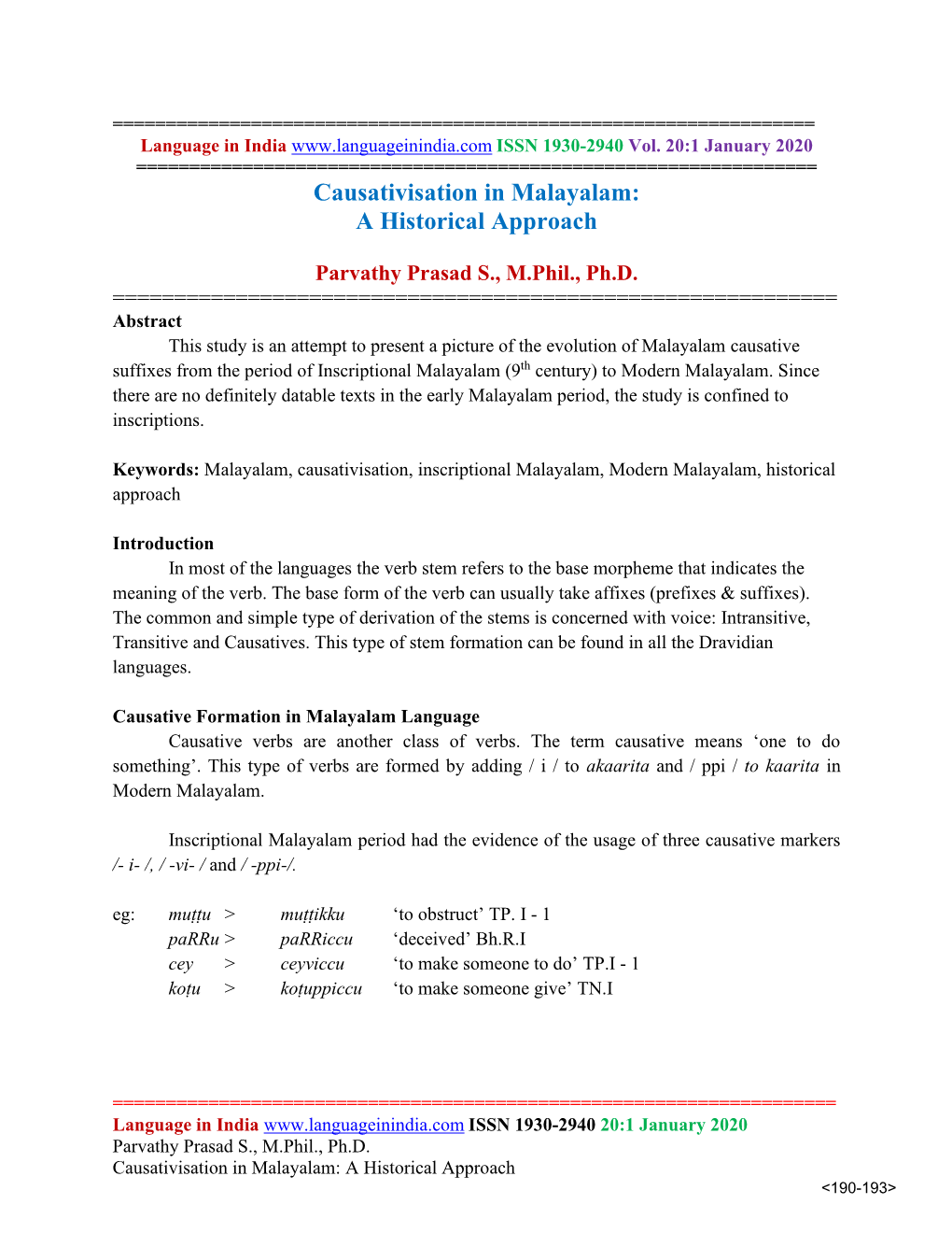 Causativisation in Malayalam: a Historical Approach