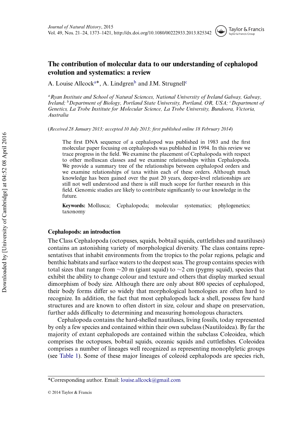 The Contribution of Molecular Data to Our Understanding of Cephalopod Evolution and Systematics: a Review A