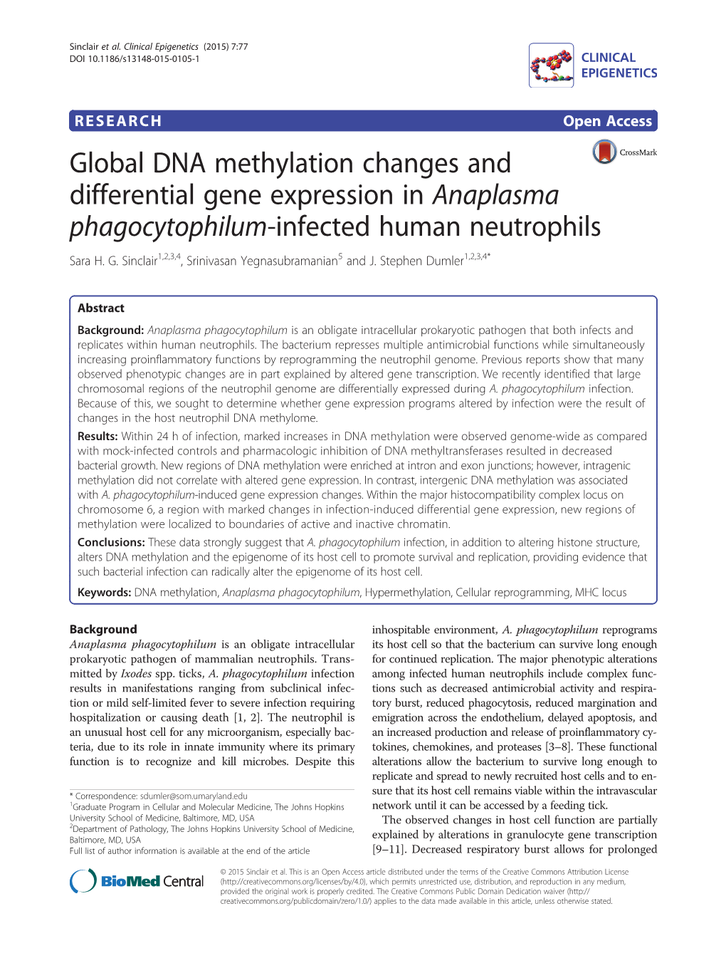 Global DNA Methylation Changes and Differential Gene Expression in Anaplasma Phagocytophilum-Infected Human Neutrophils Sara H