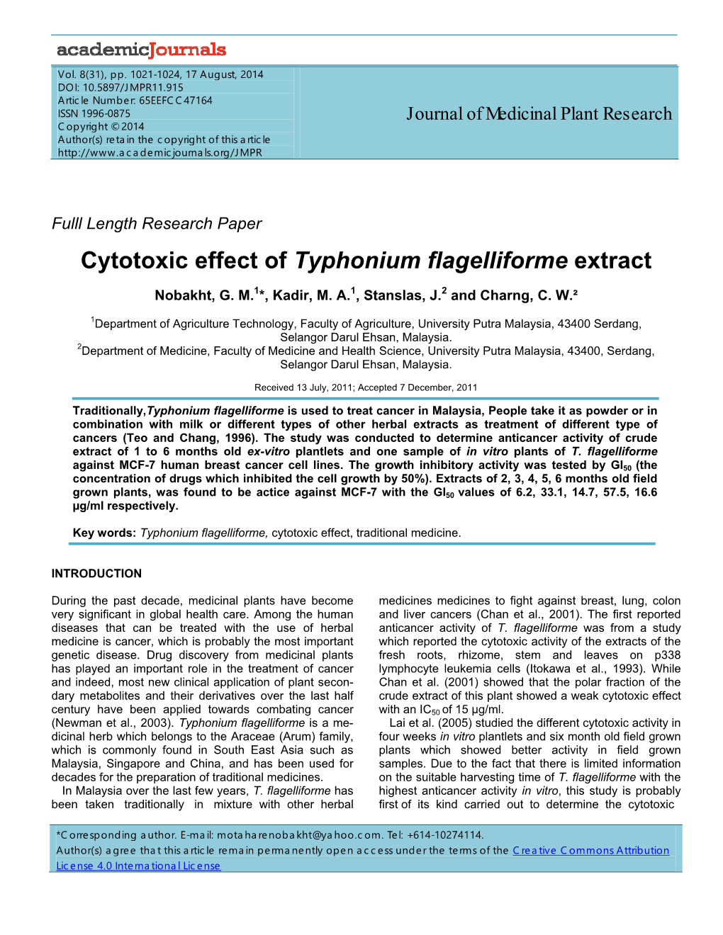 Cytotoxic Effect of Typhonium Flagelliforme Extract
