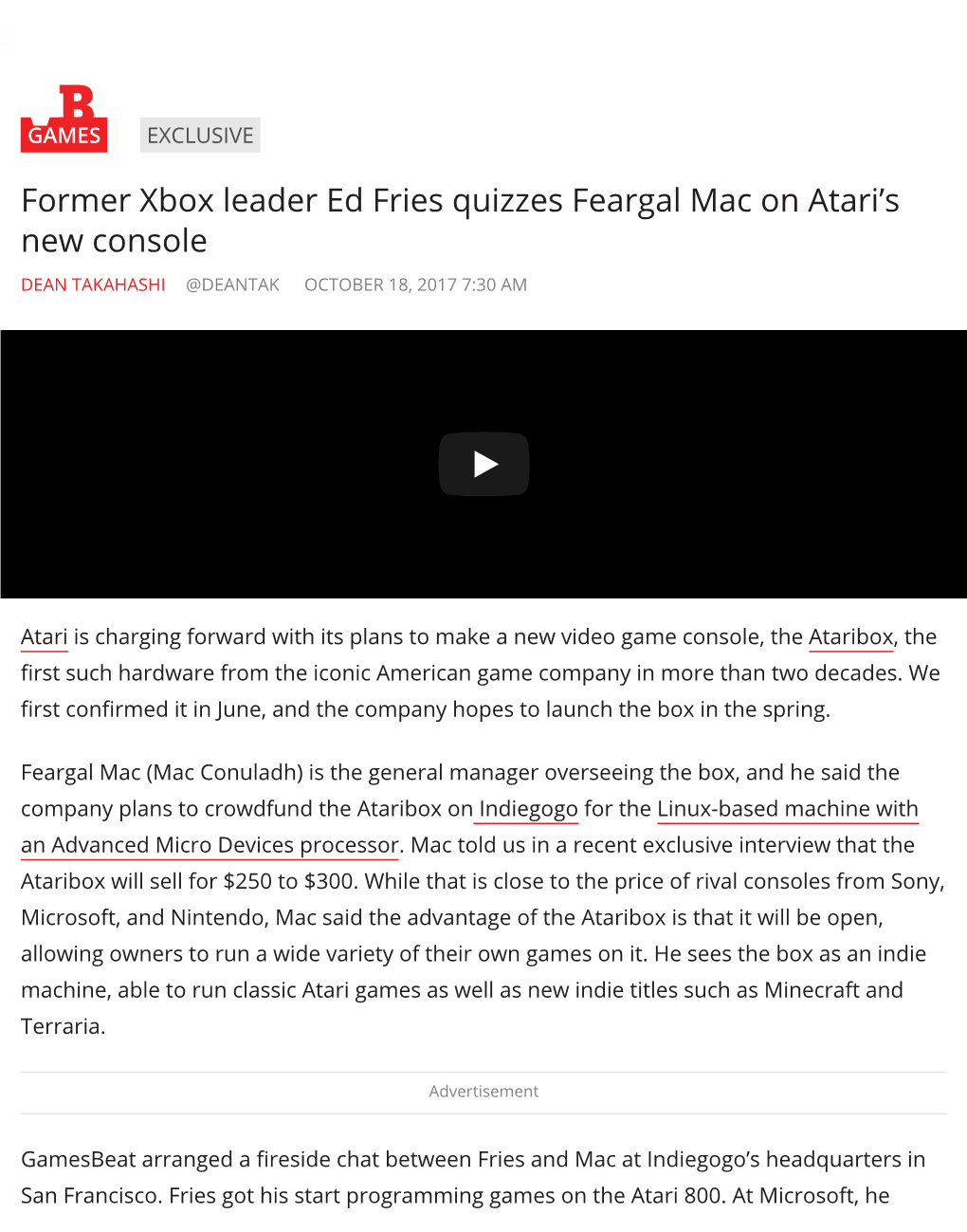 Ed Fries Quizzes Feargal Mac on Atari’S New Console DEAN TAKAHASHI @DEANTAK OCTOBER 18, 2017 7:30 AM