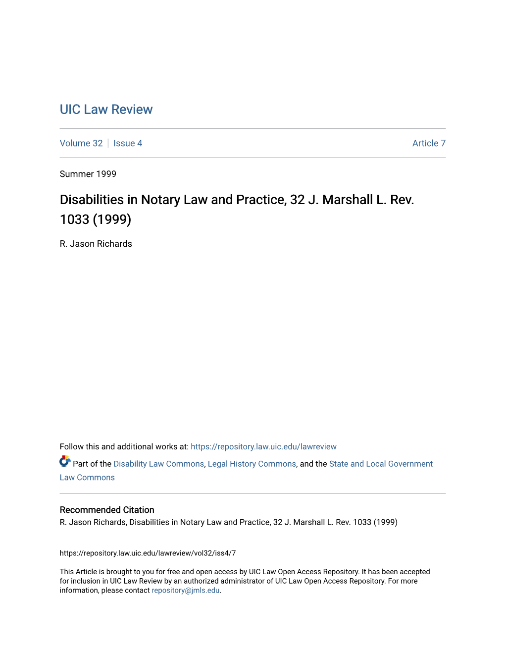 Disabilities in Notary Law and Practice, 32 J. Marshall L. Rev. 1033 (1999)