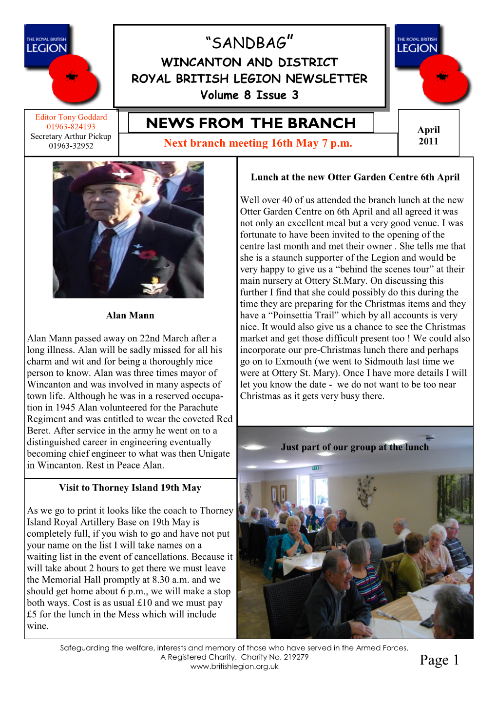 SANDBAG” WINCANTON and DISTRICT ROYAL BRITISH LEGION NEWSLETTER Volume 8 Issue 3