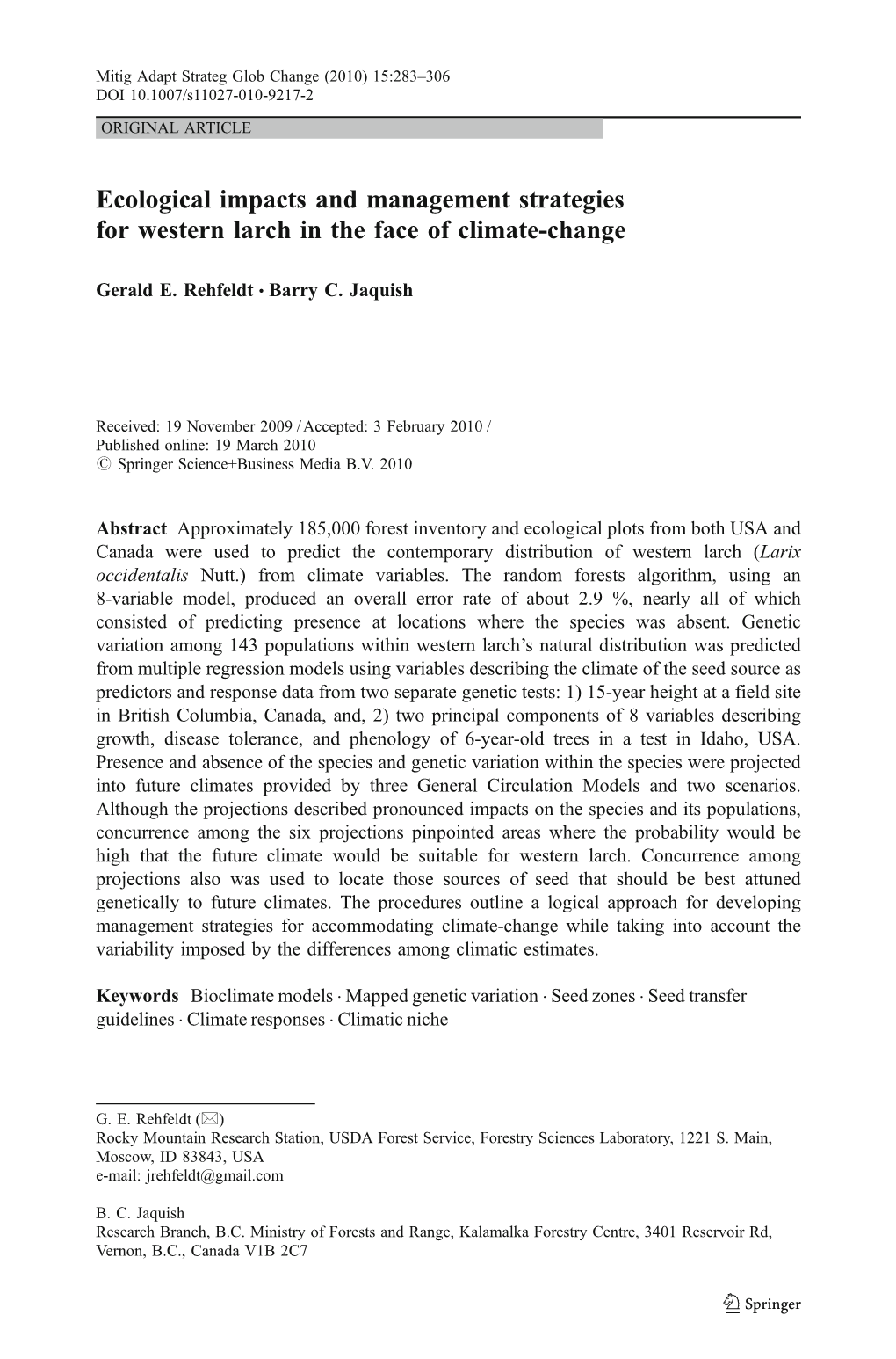 Ecological Impacts and Management Strategies for Western Larch in the Face of Climate-Change