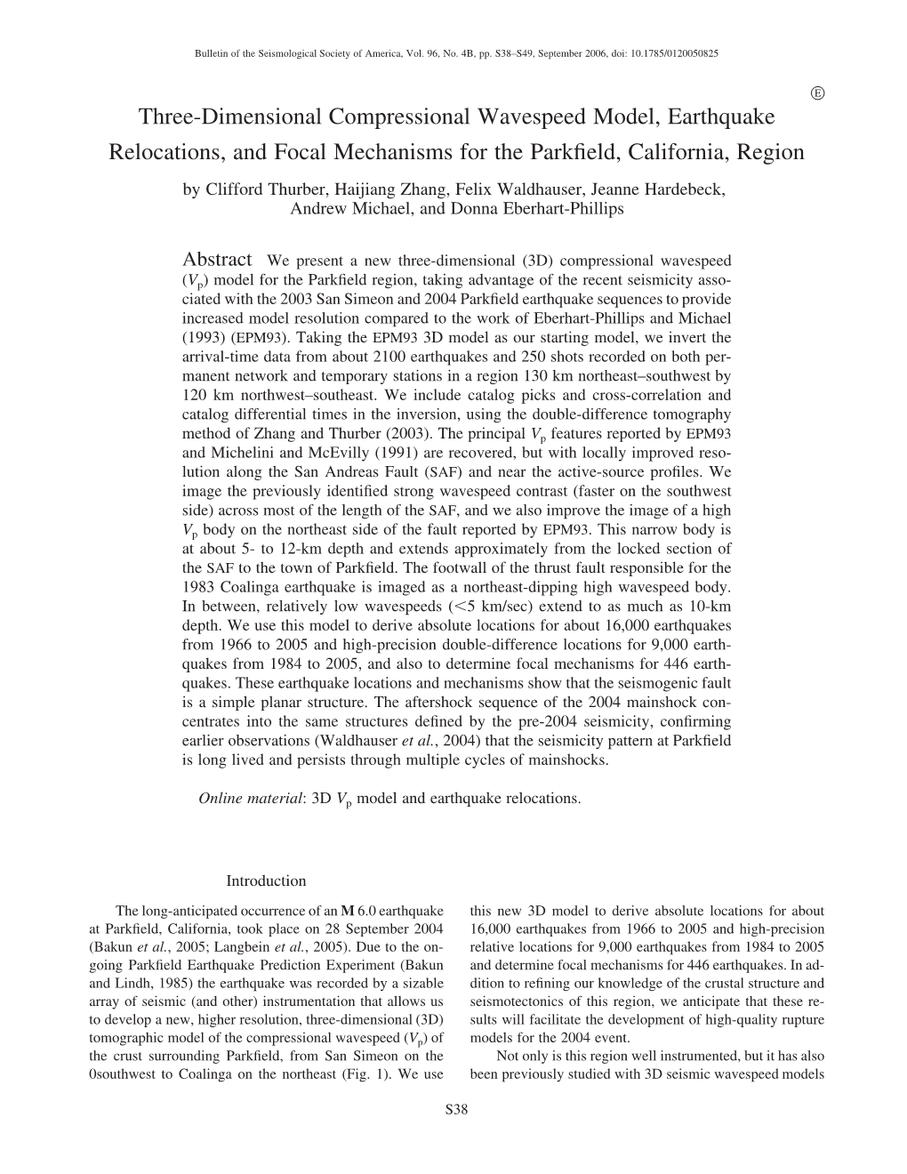Three-Dimensional Compressional Wavespeed Model, Earthquake Relocations, and Focal Mechanisms for the Parkfield, California