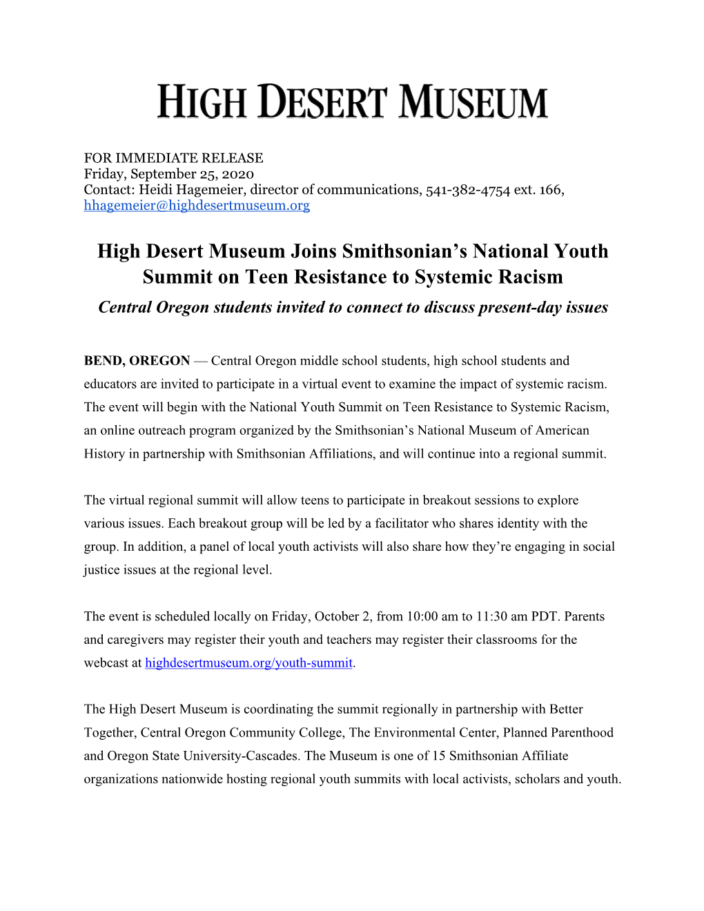 High Desert Museum Joins Smithsonian's National Youth