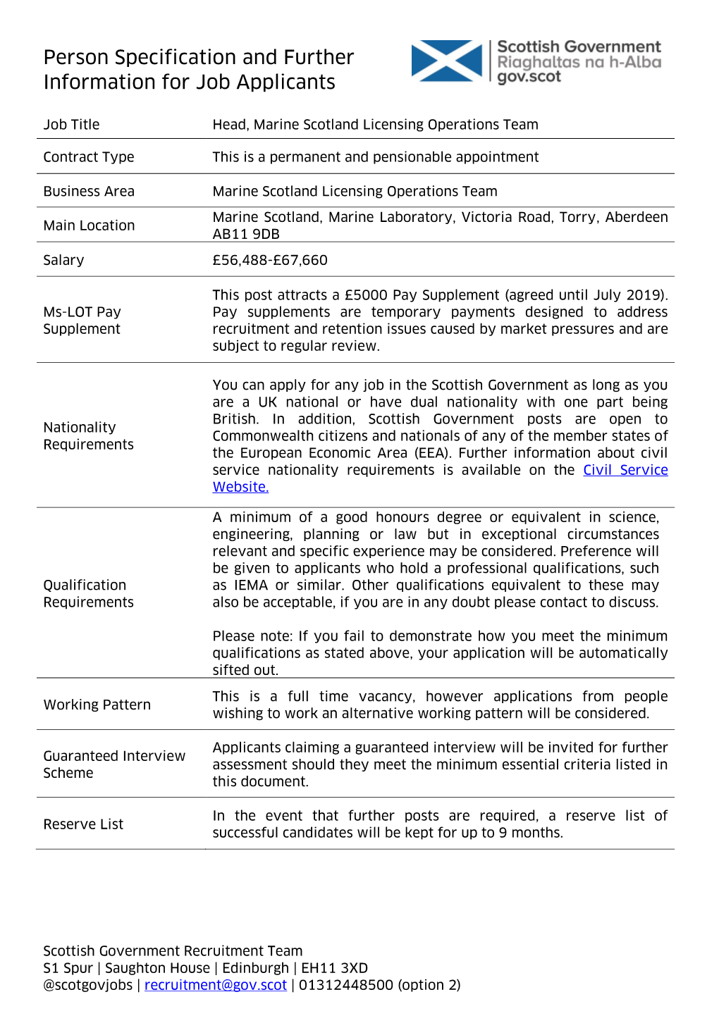 Person Specification and Further Information for Job Applicants