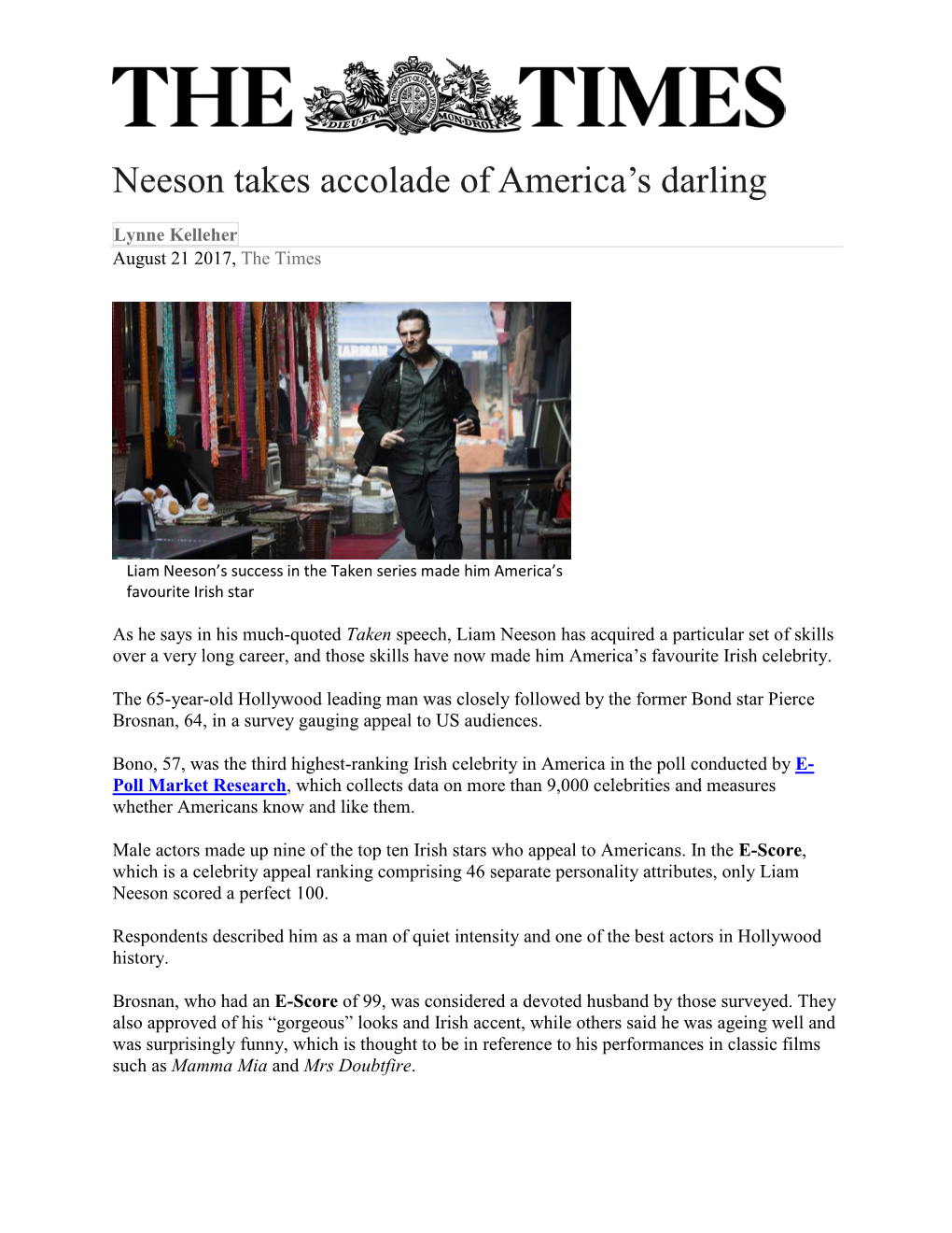 Neeson Takes Accolade of America's Darling