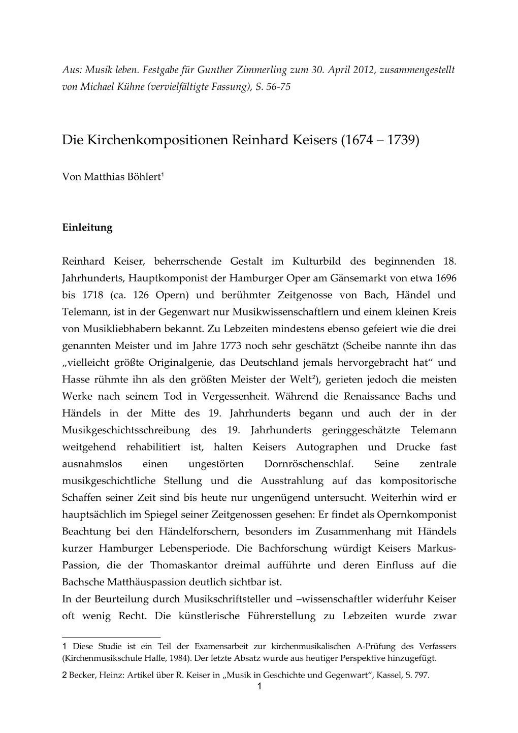 Die Kirchenkompositionen Reinhard Keisers (1674 – 1739)