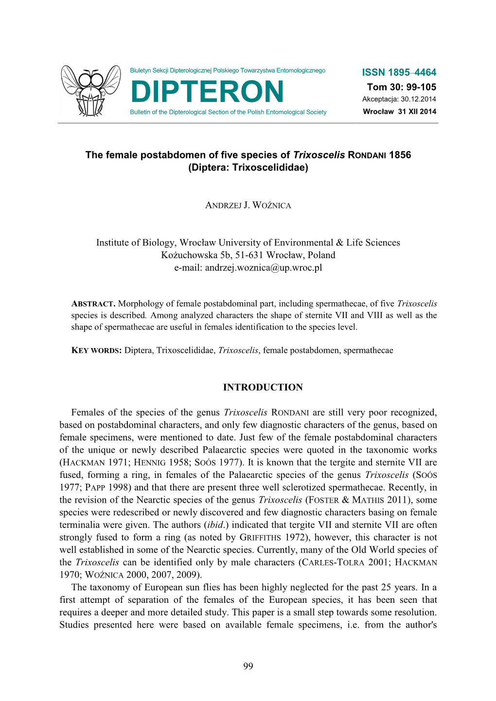 DIPTERON Bulletin of the Dipterological Section of the Polish Entomological Society Wrocław 31 XII 2014