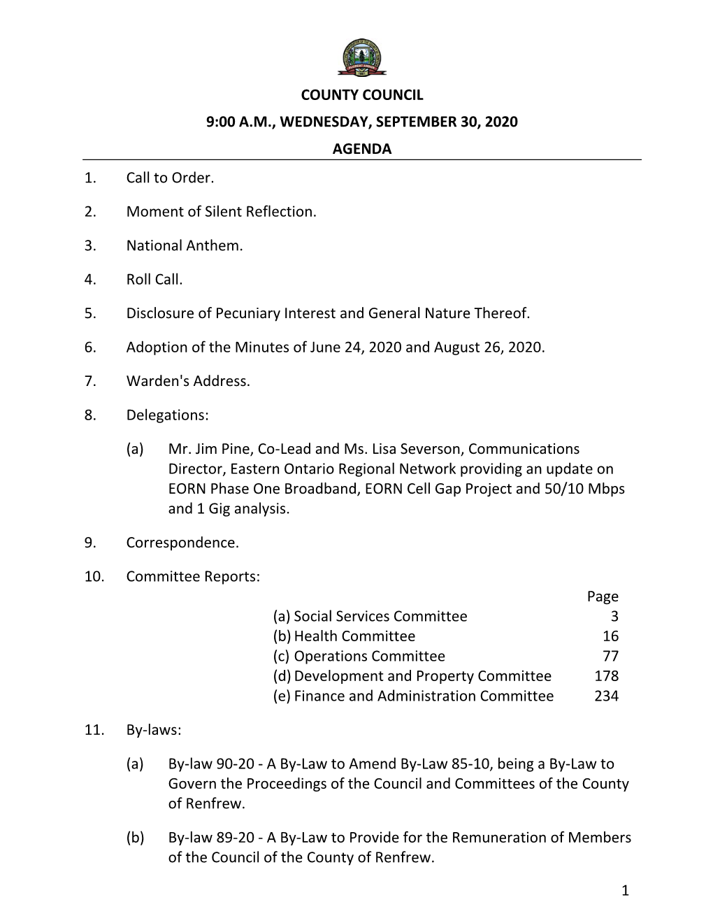 County Council 9:00 A.M., Wednesday, September 30, 2020 Agenda 1