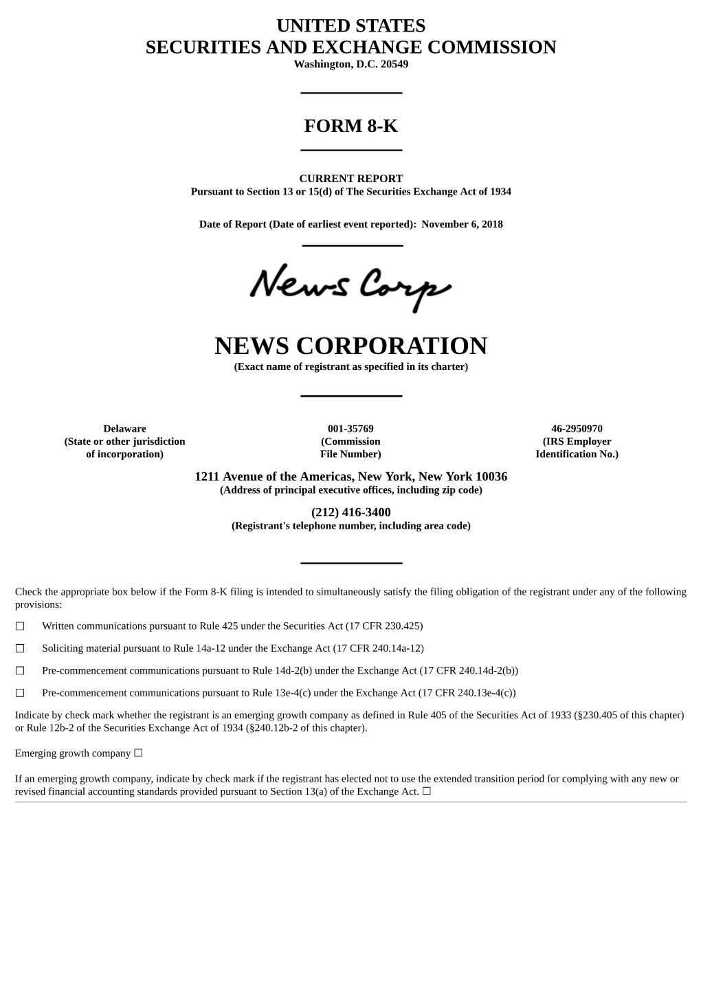 NEWS CORPORATION (Exact Name of Registrant As Specified in Its Charter)
