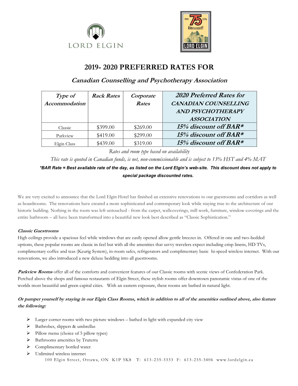 2019- 2020 PREFERRED RATES for Canadian Counselling And