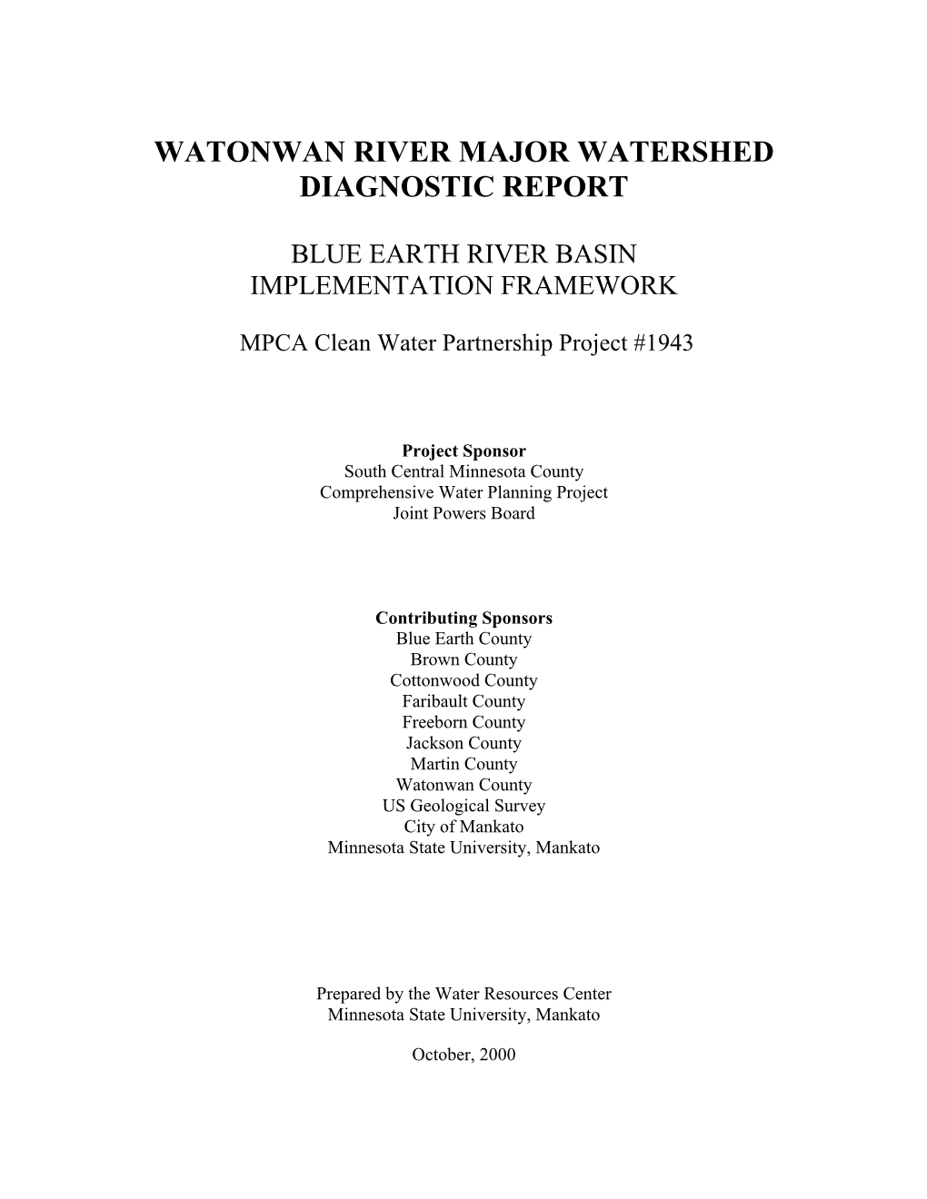 Watonwan River Major Watershed Diagnostic Report