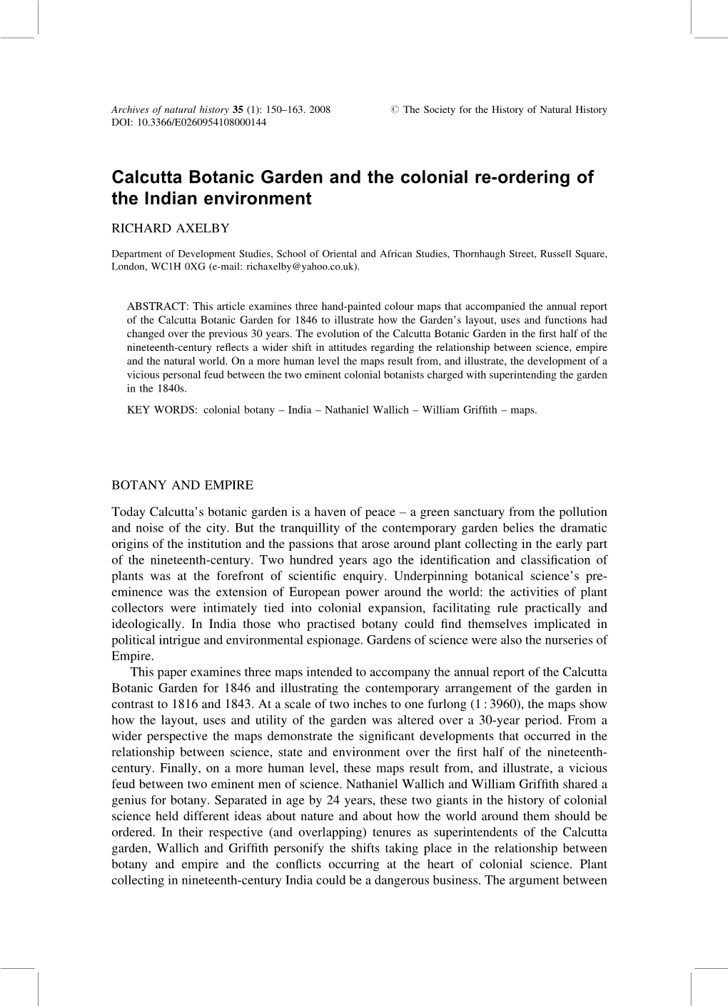 Calcutta Botanic Garden and the Colonial Re-Ordering of the Indian Environment