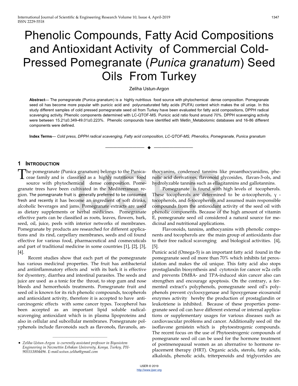 Phenolic Compounds, Fatty Acid Compositions and Antioxidant Activity of Commercial Cold-Pressed Pomegranate (Punica Granatum) S