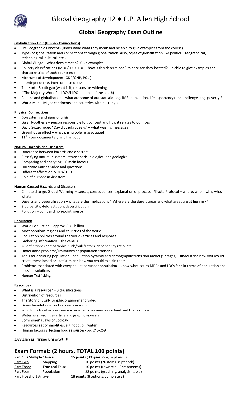 Global Geography Exam Outline