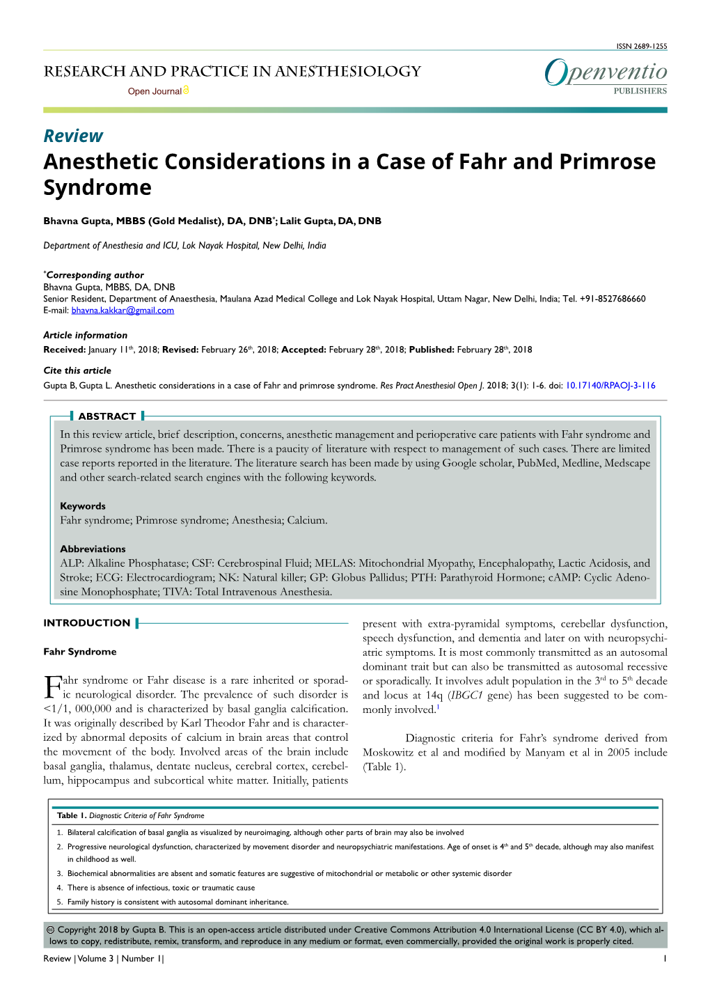 Anesthetic Considerations in a Case of Fahr and Primrose Syndrome