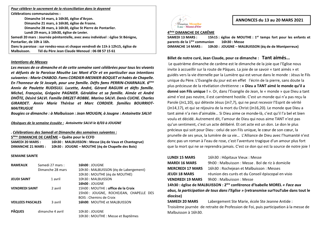 ANNONCES Du 13 Au 20 MARS 2021 Dimanche 21 Mars, À 16H30, Église De Frasne