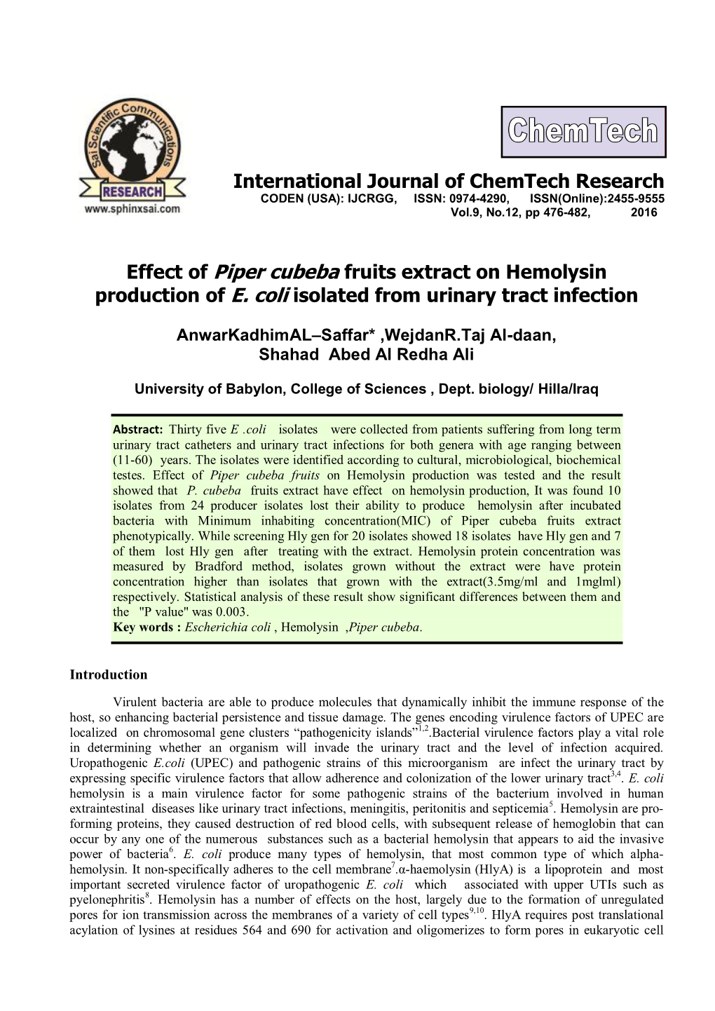 Effect of Piper Cubeba Fruits Extract on Hemolysin Production of E. Coli Isolated from Urinary Tract Infection