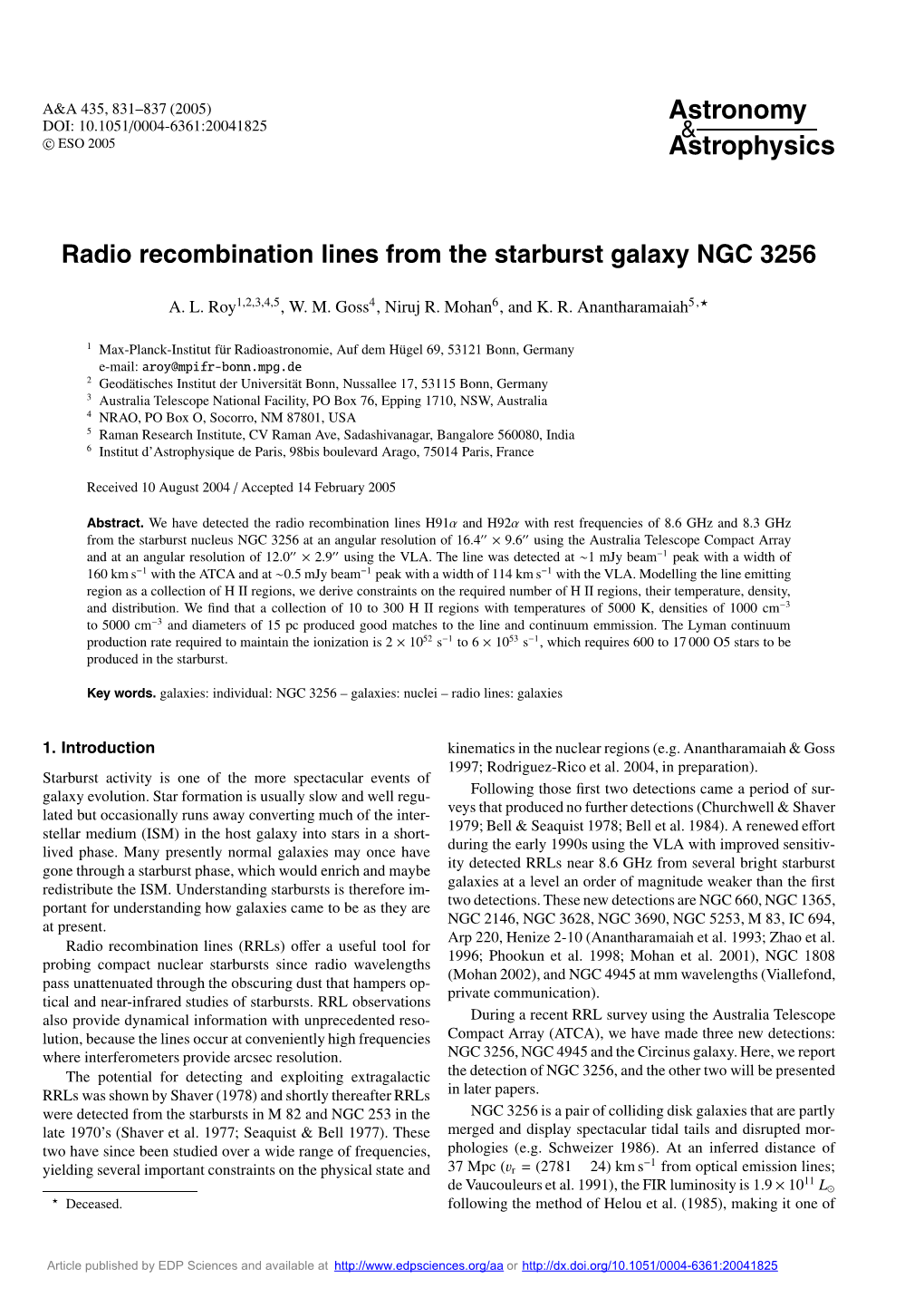 Radio Recombination Lines from the Starburst Galaxy NGC 3256