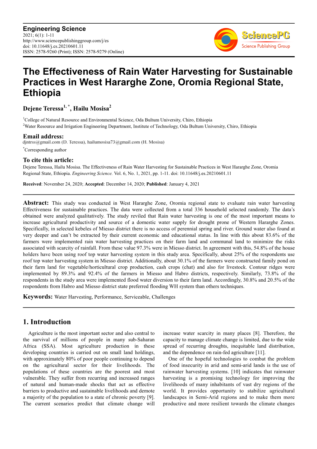 The Effectiveness of Rain Water Harvesting for Sustainable Practices in West Hararghe Zone, Oromia Regional State, Ethiopia