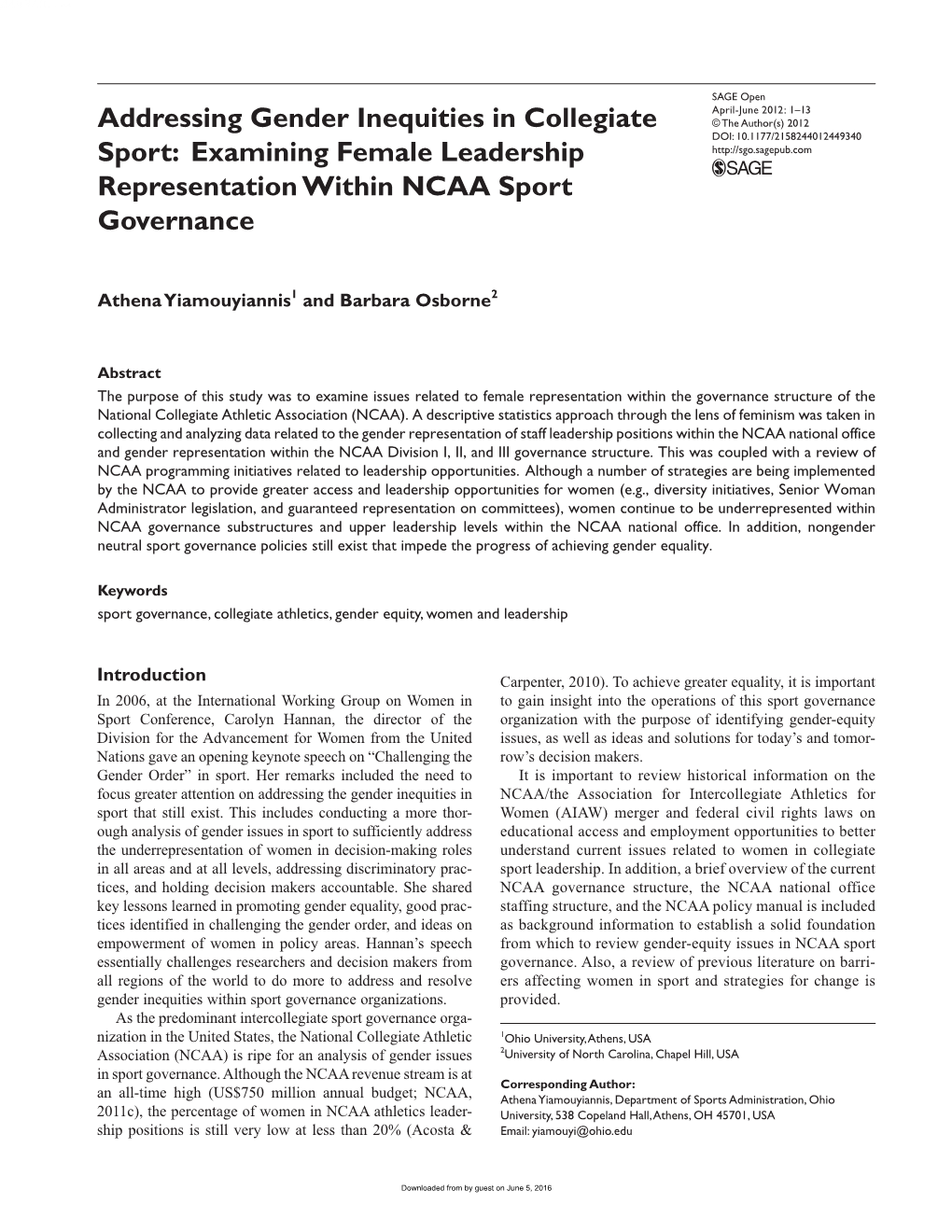 Addressing Gender Inequities in Collegiate Sport: Examining