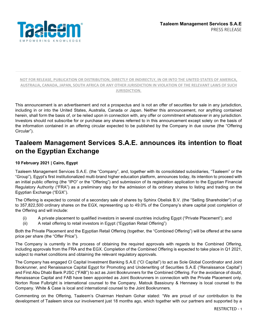 Taaleem Management Services S.A.E. Announces Its Intention to Float on the Egyptian Exchange