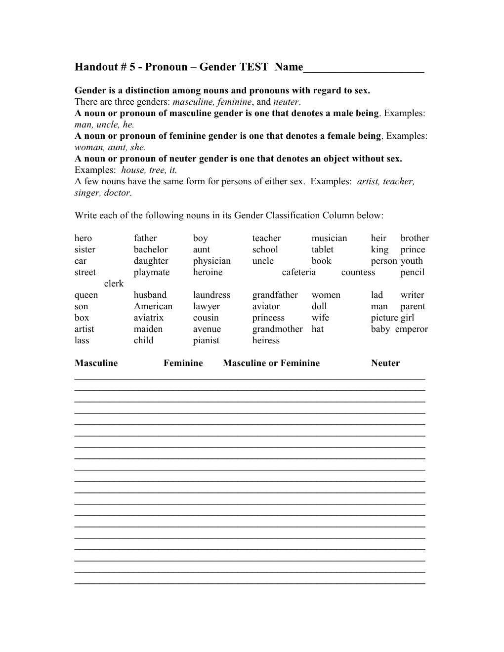 Handout # 5 - Pronoun – Antecedent Agreement Test