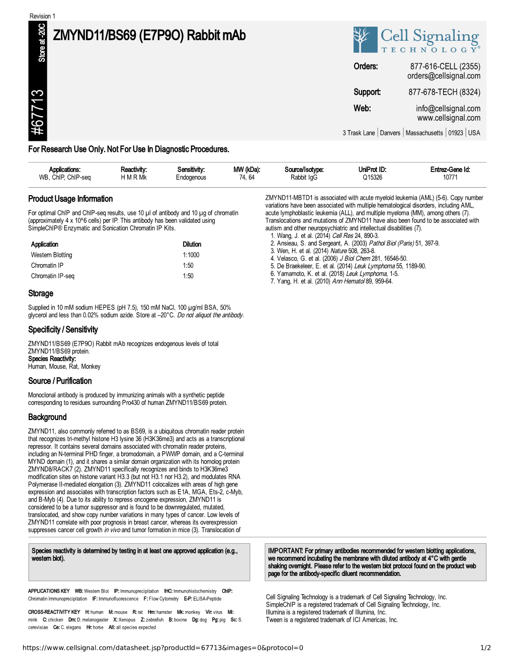 67713 ZMYND11/BS69 (E7P9O) Rabbit Mab