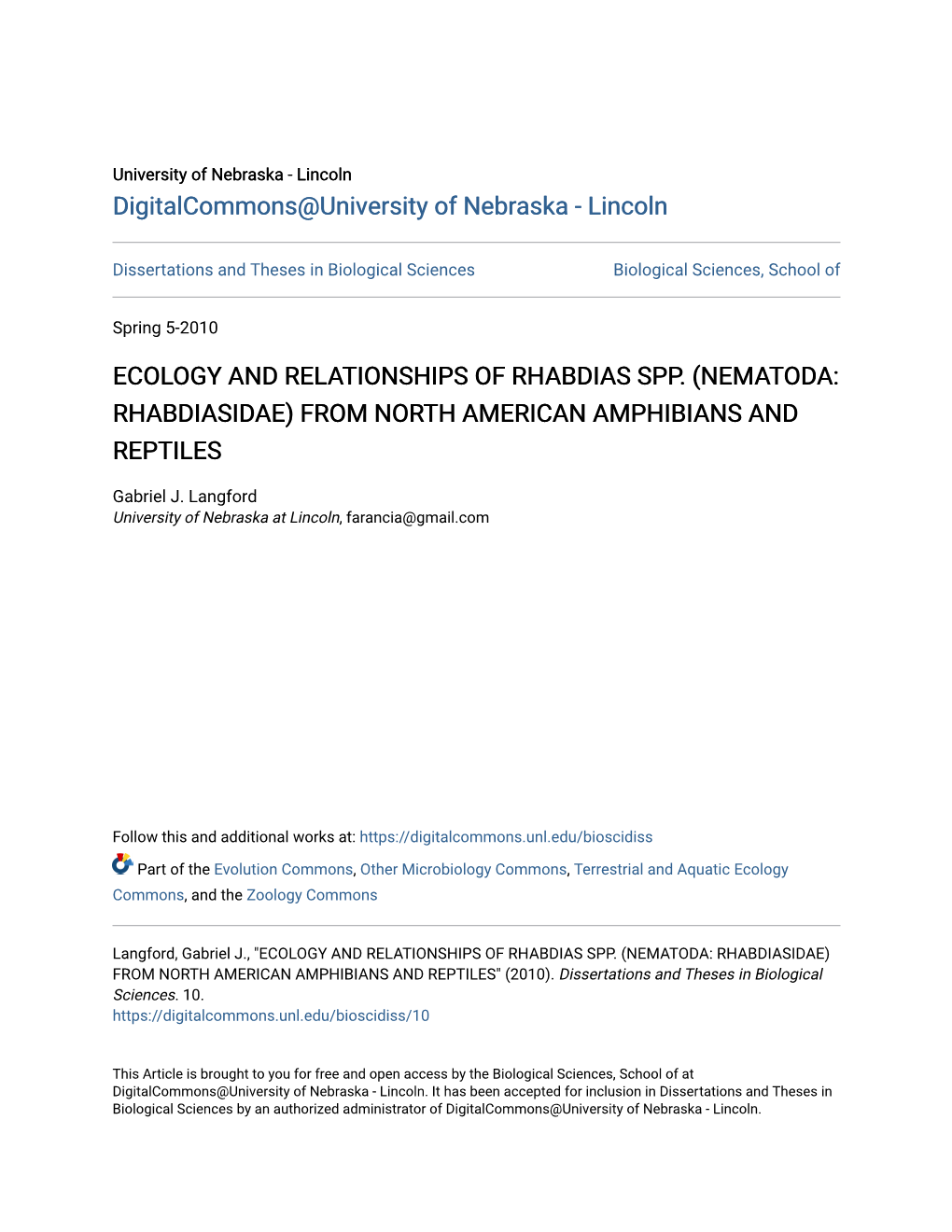 Ecology and Relationships of Rhabdias Spp. (Nematoda: Rhabdiasidae) from North American Amphibians and Reptiles