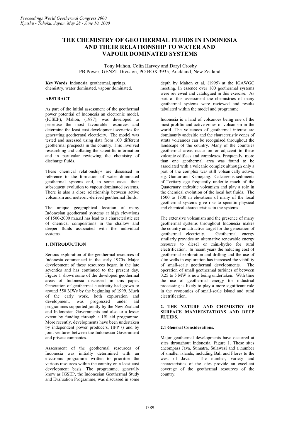 The Chemistry of Geothermal Fluids in Indonesia and Their Relationship to Water and Vapour Dominated Systems