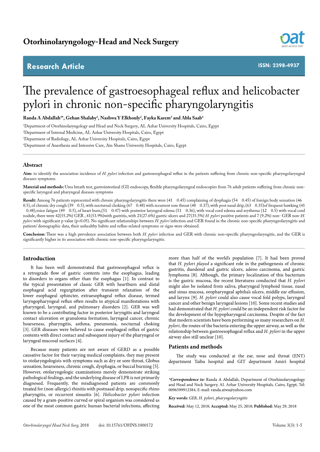 The Prevalence of Gastroesophageal Reflux and Helicobacter Pylori In