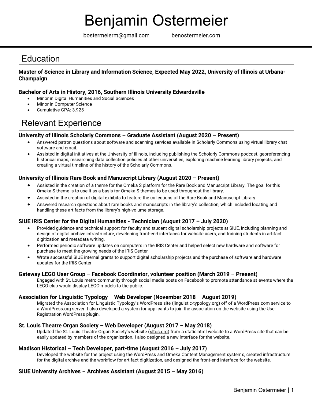 Benjamin Ostermeier Curriculum Vitae