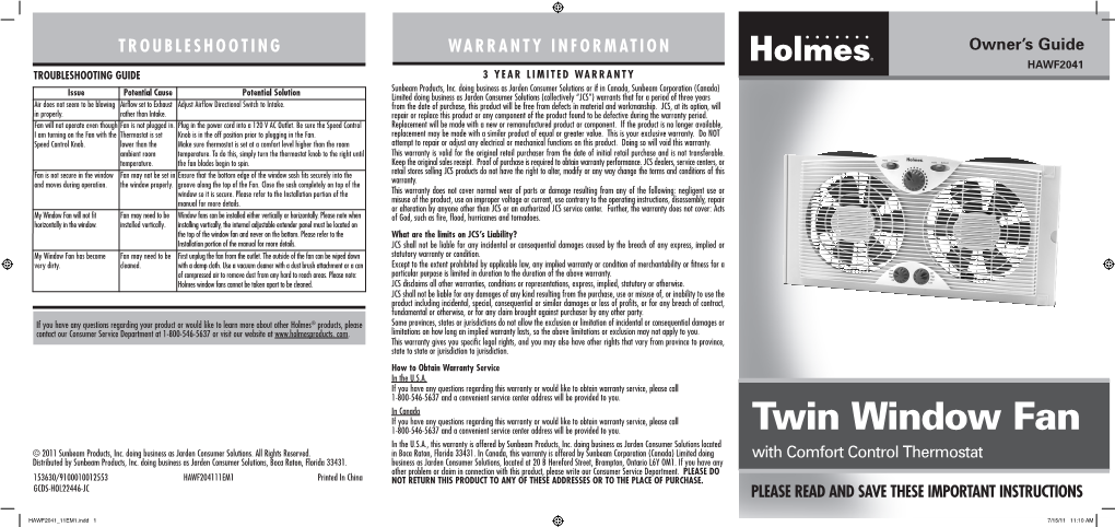 Twin Window Fan in the U.S.A., This Warranty Is Offered by Sunbeam Products, Inc