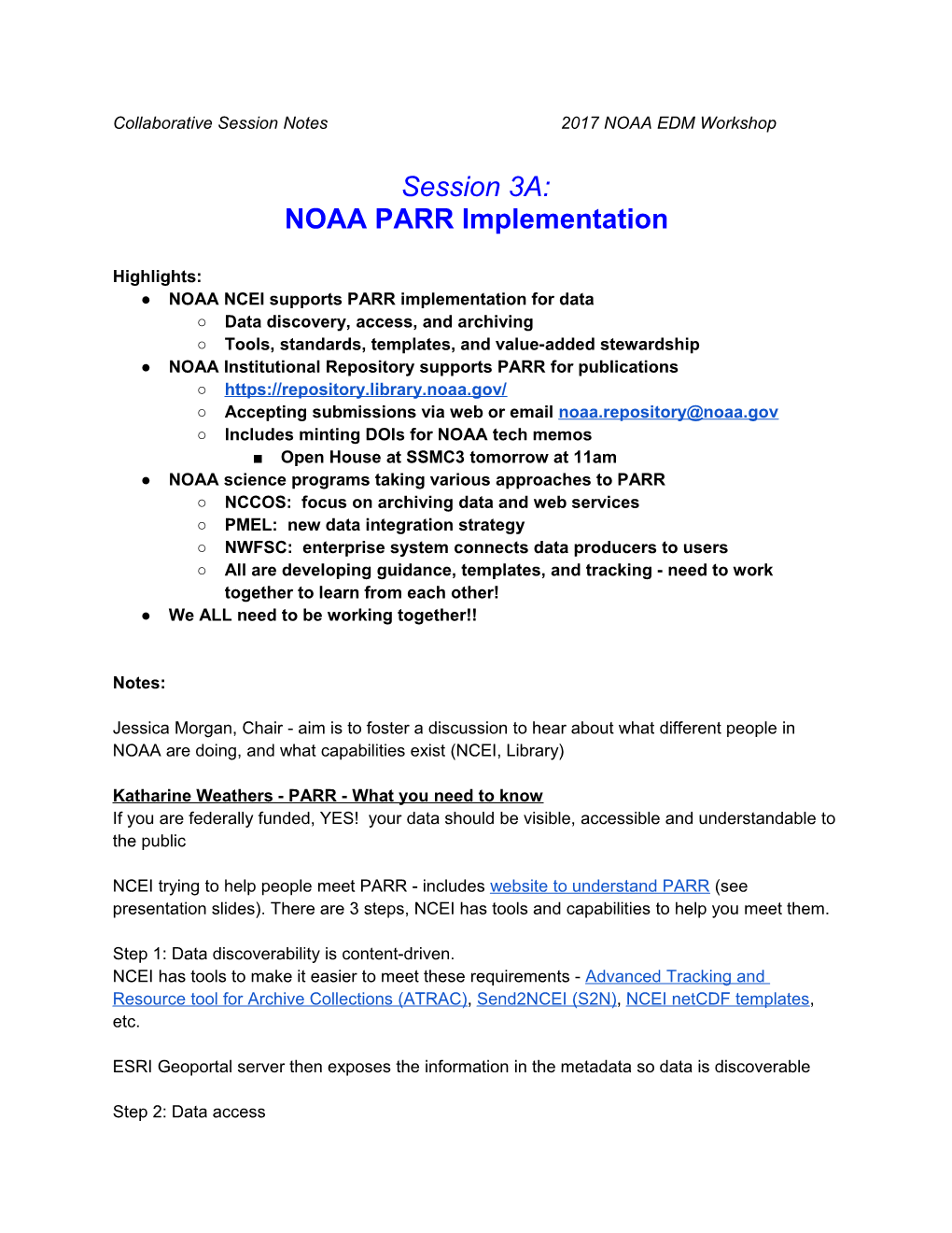 Collaborative Session Notes 2017 NOAA EDM Workshop