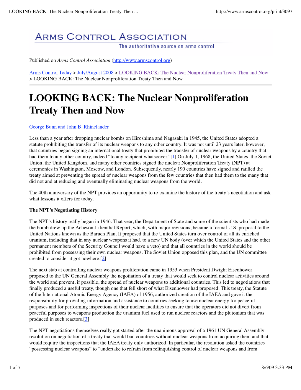 LOOKING BACK the Nuclear Nonproliferation Treaty Then And