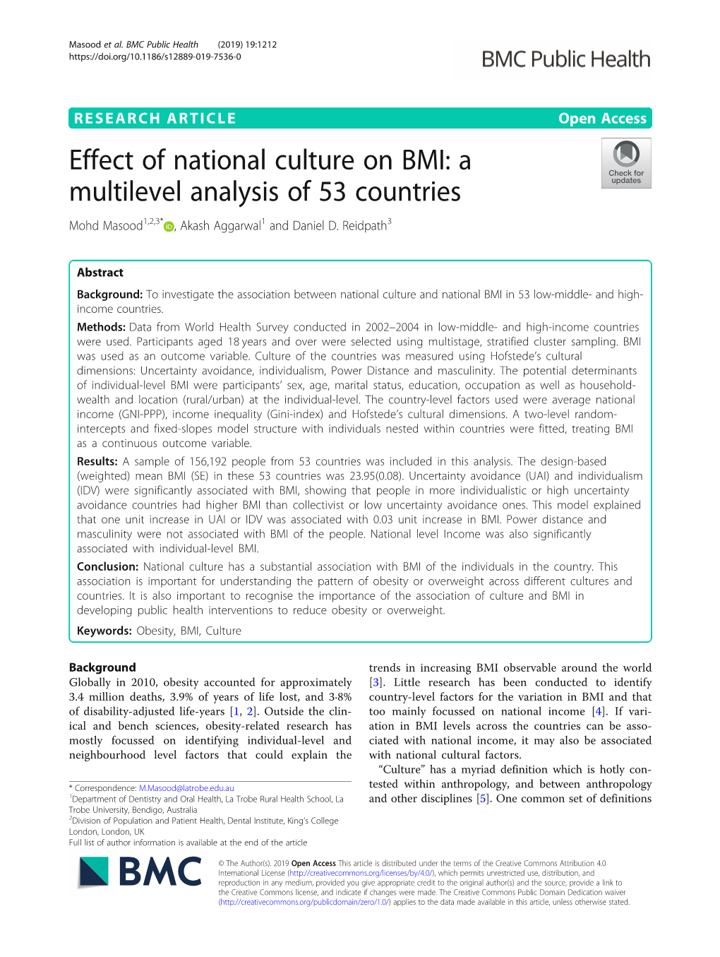 Effect of National Culture on BMI: a Multilevel Analysis of 53 Countries Mohd Masood1,2,3* , Akash Aggarwal1 and Daniel D