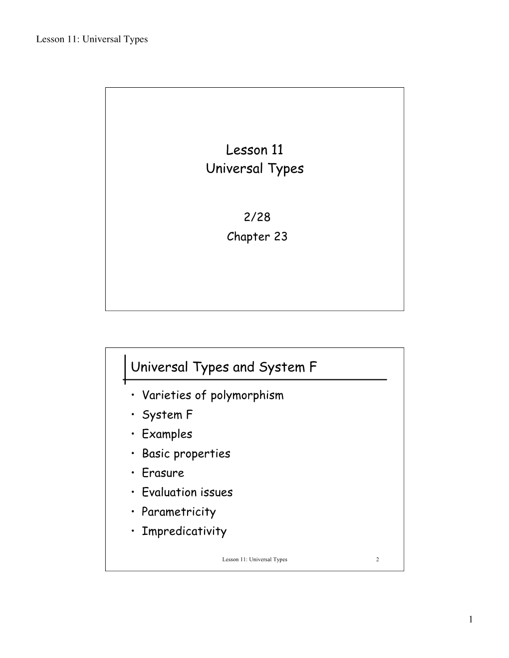 Lesson 11 Universal Types Universal Types and System F